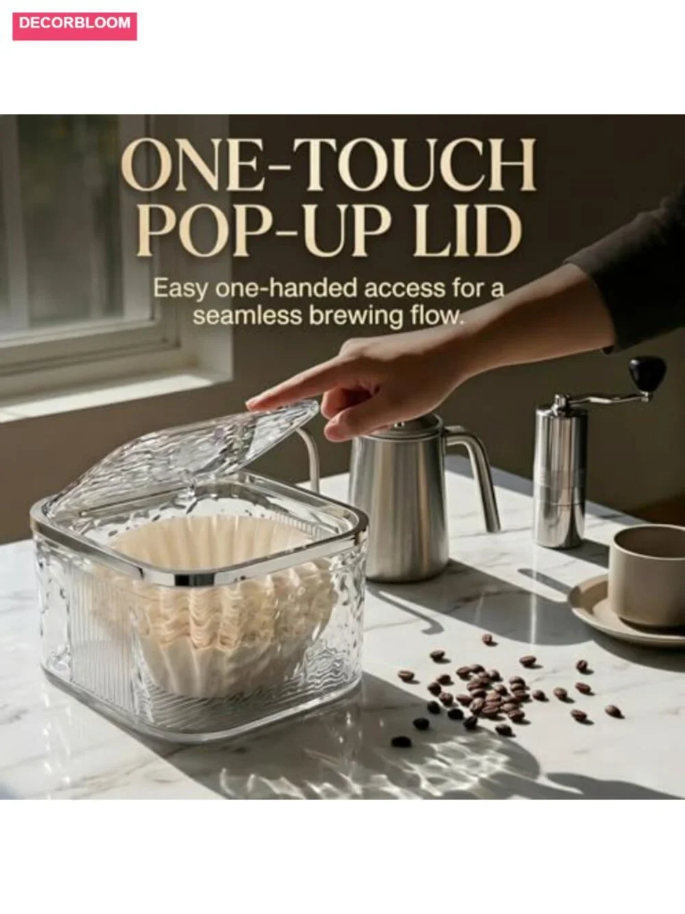 Acrylic Coffee Filter Holder with Push-Button Lid, Large Capacity Storage
